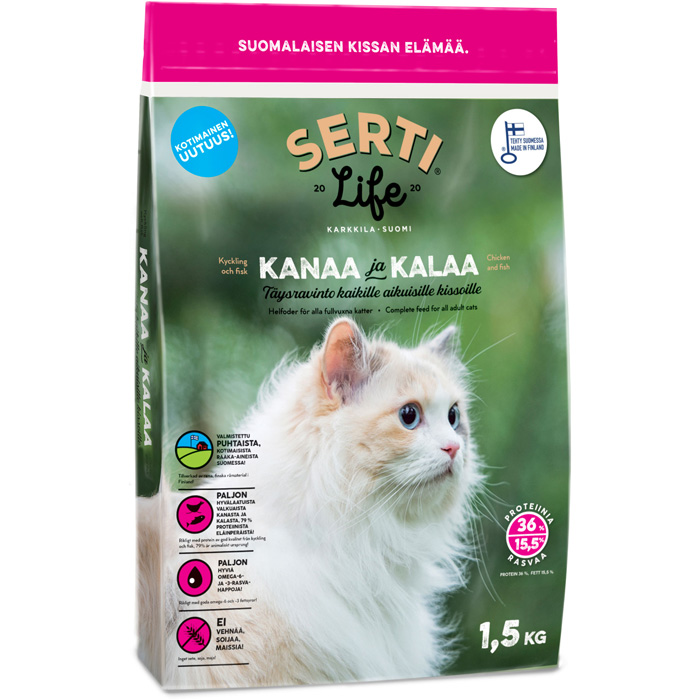 SertiLife Kissanruoka Kana-Kala 1,5kg (V) 15100 Kanaa ja Kalaa Kissoille -  Lakkapää Oy verkkokauppa