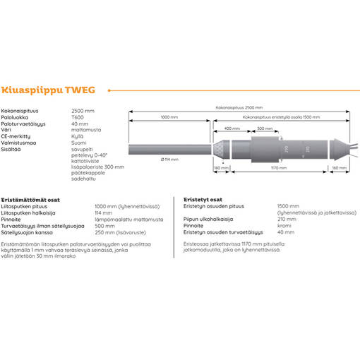 Härmä Air Tweg Kiuaspiippupaketti T600 (P) Kokonaispituus 2500mm Rst Kromi  - Lakkapää Oy verkkokauppa